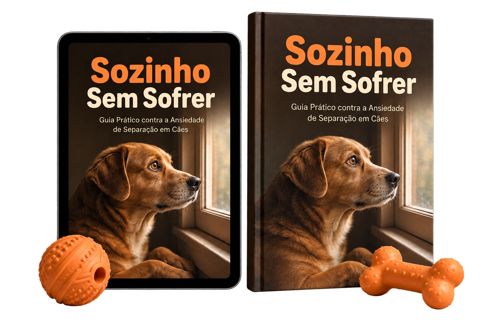 Mockup do guia Sozinho Sem Sofrer em tablet e livro físico